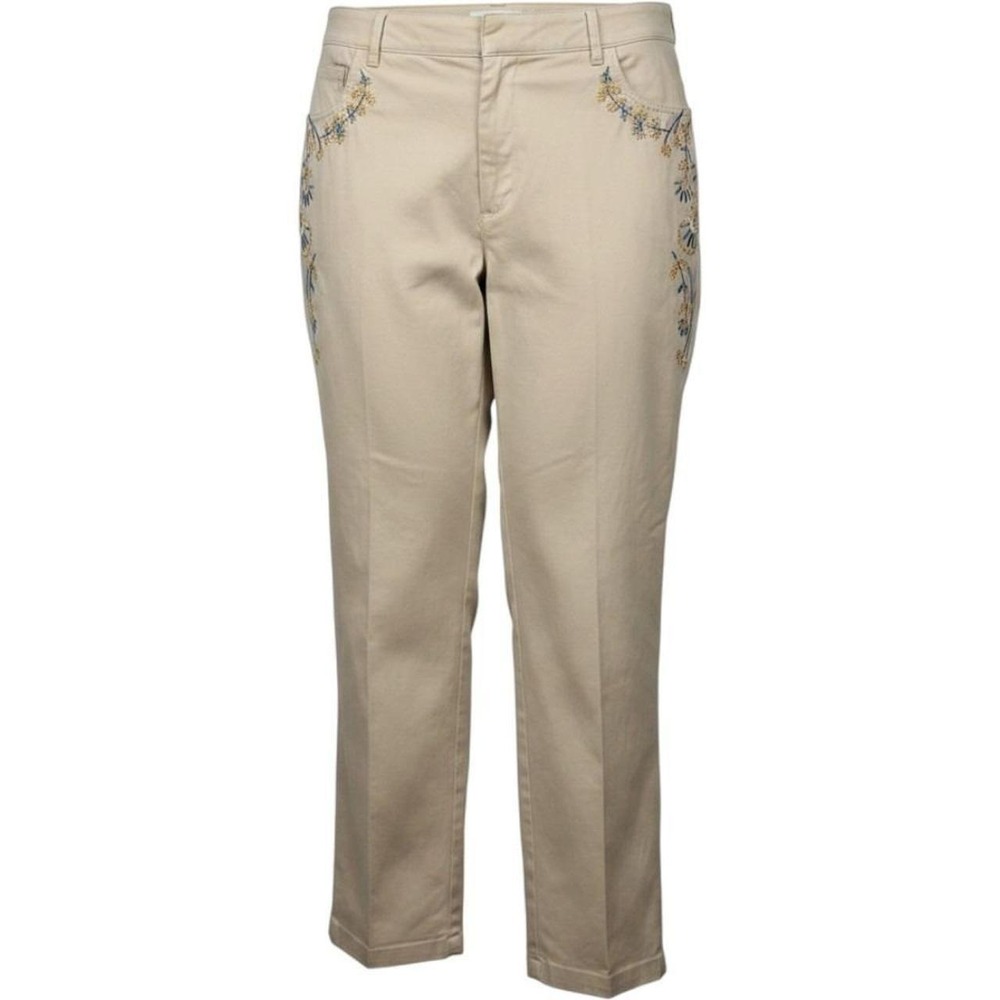 Talbots Woman Embroidered Cropped Chino Pants 24W Khaki Floral Beaded Stretch